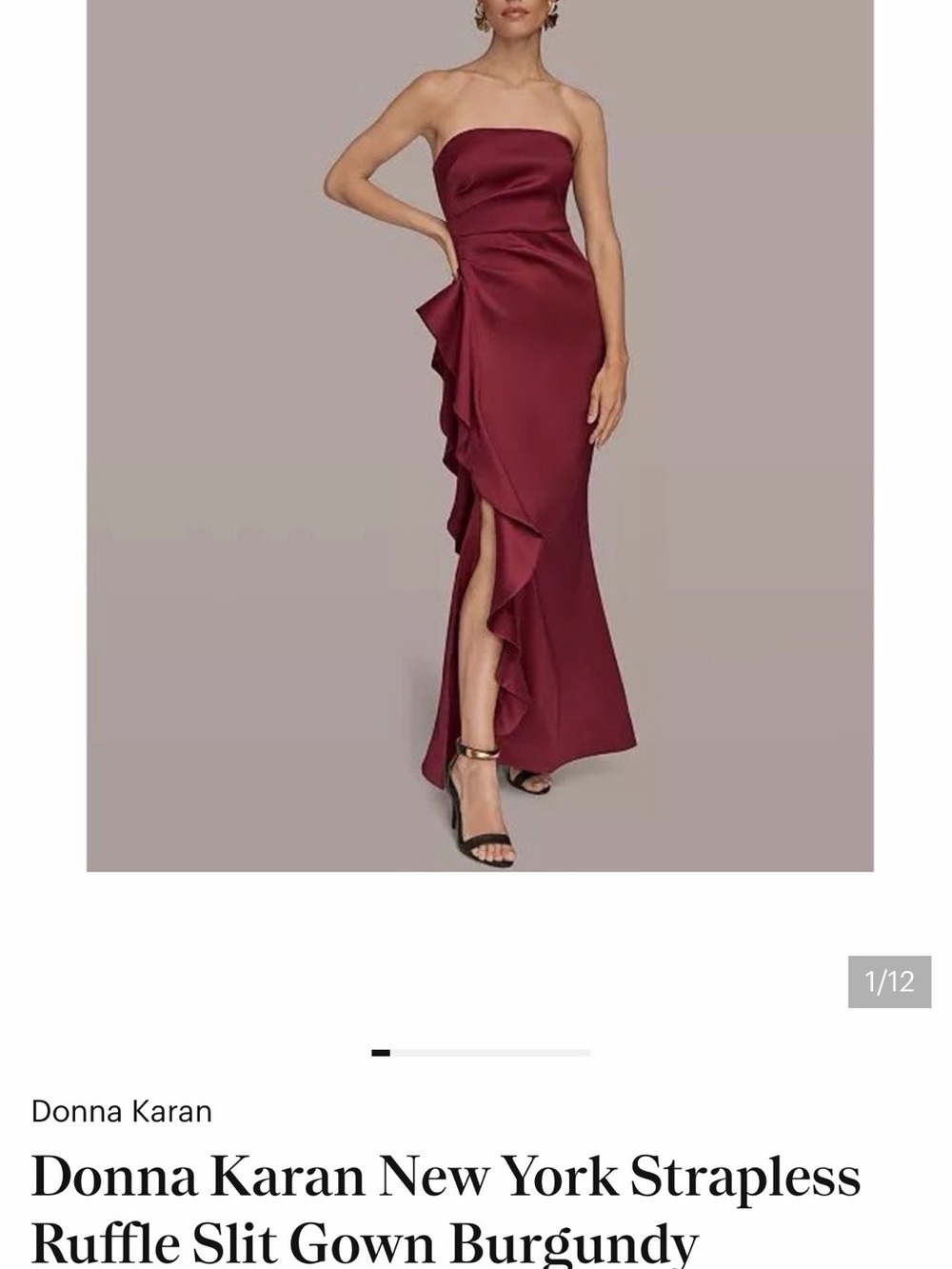 Donna Karan Strapless Ruffle Slit Gown in Burgundy